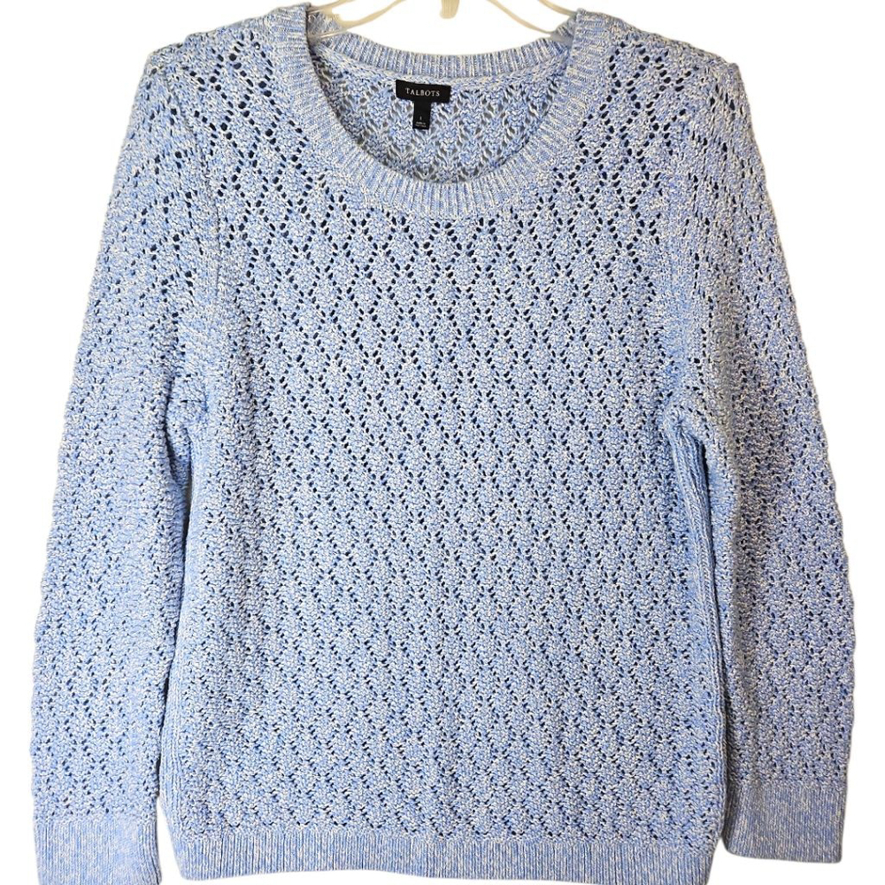 Talbots Blue & White Open Knit Crew Neck Sweater L